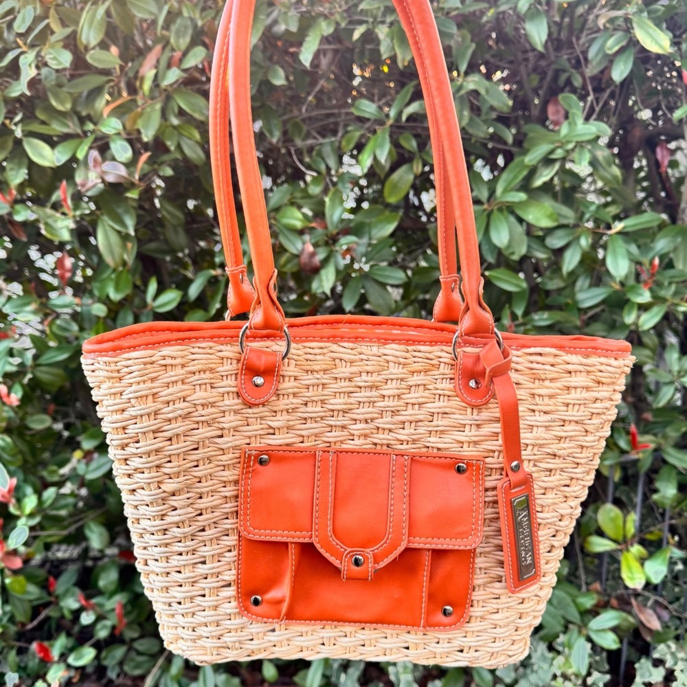 American Living Straw Cornhusk Purse Tote Bag Orange Gingham Lining Vinyl Trim